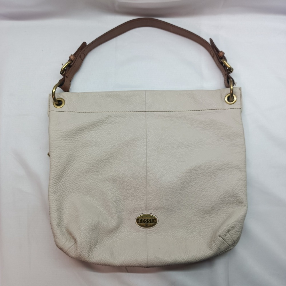 Fossil Long Live Vintage Explorer Hobo Bag Cream Pebbled Leather Boho